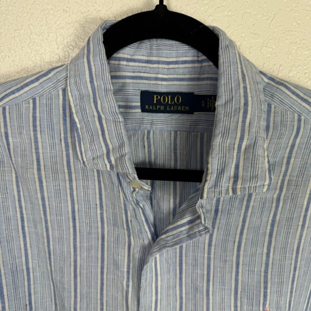 Polo Ralph Lauren Linen Button Down Shirt Striped Long Sleeve Blue Size Large - Picture 4 of 12